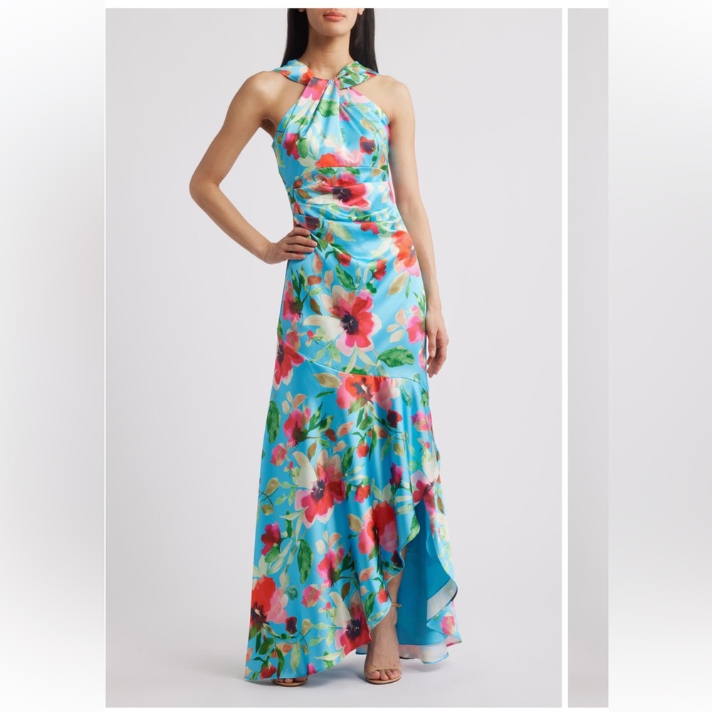 Floral Print Twist Neck Gown
